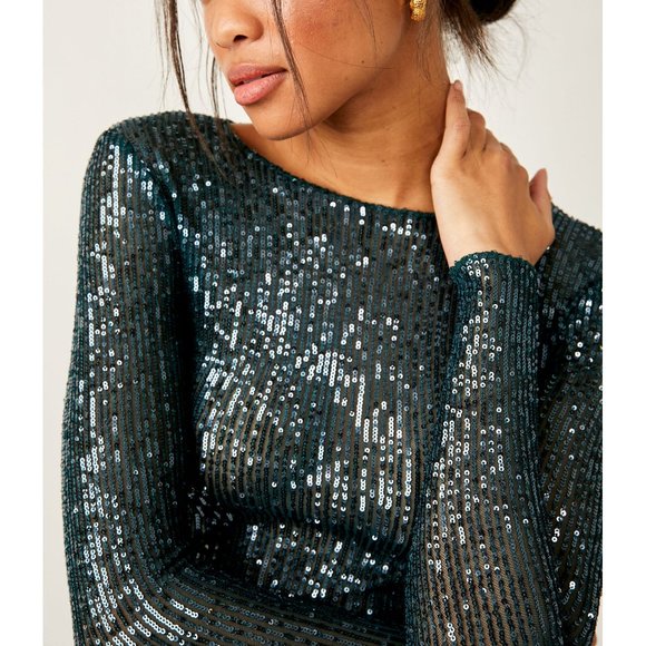Free People Sequin Long Sleeve Top - Teal - Picture 4 of 5
